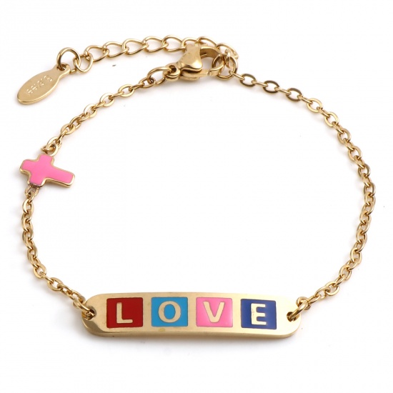 Picture of 304 Stainless Steel Valentine's Day Link Cable Chain Bracelets Gold Plated Multicolor Oval Cross Word Message " LOVE " Enamel 17cm(6 6/8")-16.5cm(6 4/8") long, 1 Piece