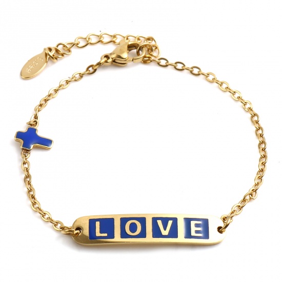 Picture of 304 Stainless Steel Valentine's Day Link Cable Chain Bracelets Gold Plated Dark Blue Oval Cross Word Message " LOVE " Enamel 17cm(6 6/8")-16.5cm(6 4/8") long, 1 Piece