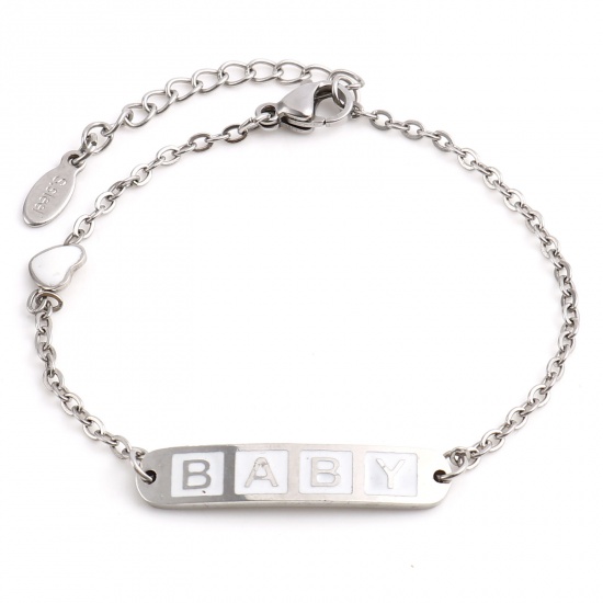 Picture of 304 Stainless Steel Stylish Link Cable Chain Bracelets Silver Tone White Oval Heart Word Message " baby " Enamel 17cm(6 6/8")-16.5cm(6 4/8") long, 1 Piece