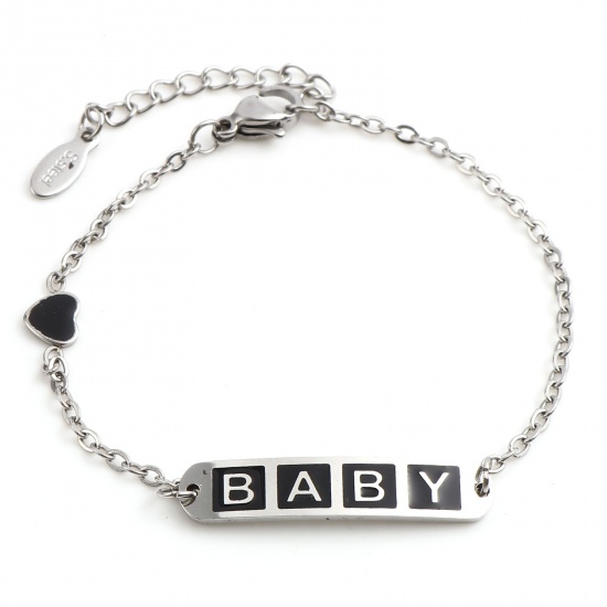 Picture of 304 Stainless Steel Stylish Link Cable Chain Bracelets Silver Tone Black Oval Heart Word Message " baby " Enamel 17cm(6 6/8")-16.5cm(6 4/8") long, 1 Piece