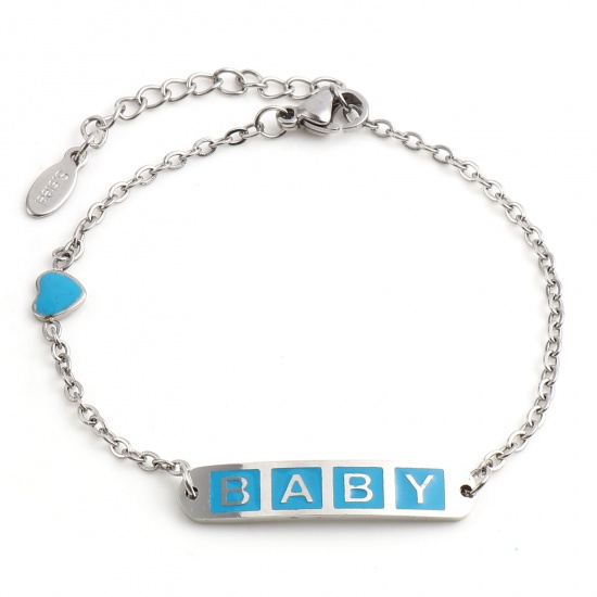Picture of 304 Stainless Steel Stylish Link Cable Chain Bracelets Silver Tone Blue Oval Heart Word Message " baby " Enamel 17cm(6 6/8")-16.5cm(6 4/8") long, 1 Piece