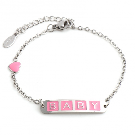 Picture of 304 Stainless Steel Stylish Link Cable Chain Bracelets Silver Tone Pink Oval Heart Word Message " baby " Enamel 17cm(6 6/8")-16.5cm(6 4/8") long, 1 Piece