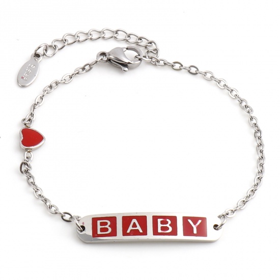 Picture of 304 Stainless Steel Stylish Link Cable Chain Bracelets Silver Tone Red Oval Heart Word Message " baby " Enamel 17cm(6 6/8")-16.5cm(6 4/8") long, 1 Piece