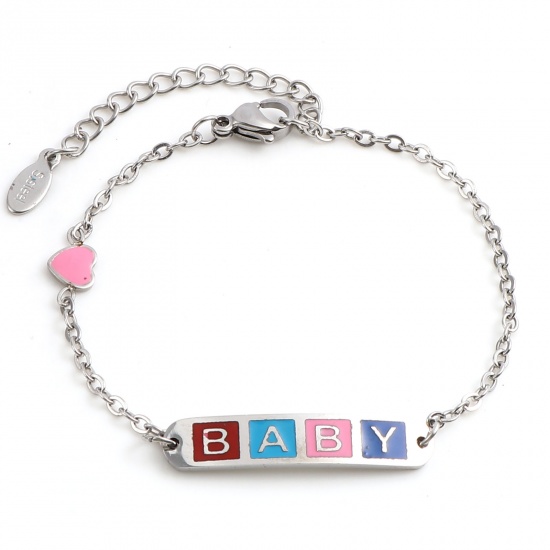 Picture of 304 Stainless Steel Stylish Link Cable Chain Bracelets Silver Tone Multicolor Oval Heart Word Message " baby " Enamel 17cm(6 6/8")-16.5cm(6 4/8") long, 1 Piece