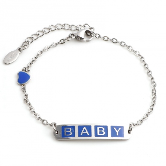 Picture of 304 Stainless Steel Stylish Link Cable Chain Bracelets Silver Tone Dark Blue Oval Heart Word Message " baby " Enamel 17cm(6 6/8")-16.5cm(6 4/8") long, 1 Piece