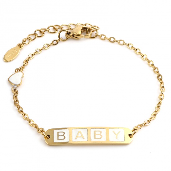 Picture of 304 Stainless Steel Stylish Link Cable Chain Bracelets Gold Plated White Oval Heart Word Message " baby " Enamel 17cm(6 6/8")-16.5cm(6 4/8") long, 1 Piece