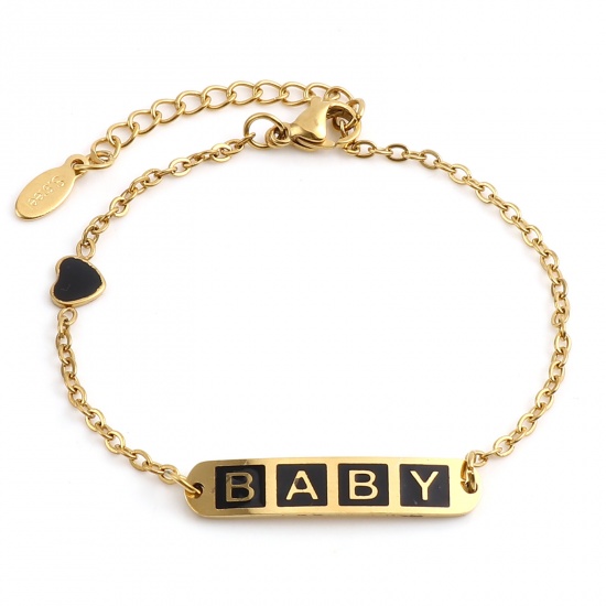 Picture of 304 Stainless Steel Stylish Link Cable Chain Bracelets Gold Plated Black Oval Heart Word Message " baby " Enamel 17cm(6 6/8")-16.5cm(6 4/8") long, 1 Piece