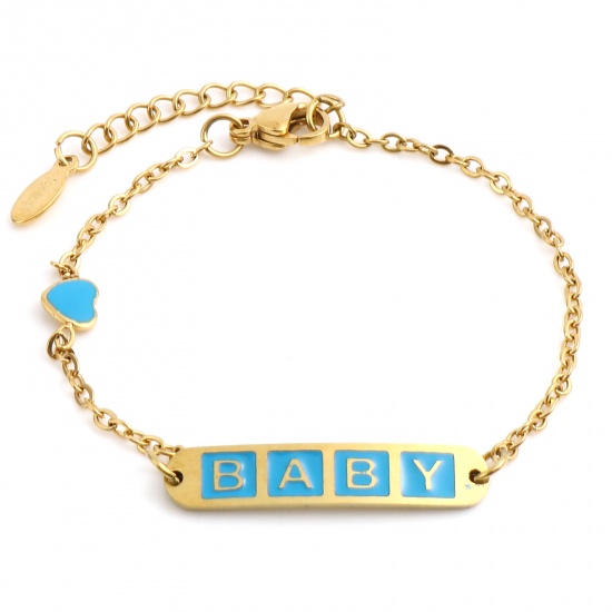 Picture of 304 Stainless Steel Stylish Link Cable Chain Bracelets Gold Plated Blue Oval Heart Word Message " baby " Enamel 17cm(6 6/8")-16.5cm(6 4/8") long, 1 Piece