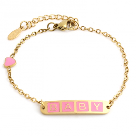 Picture of 304 Stainless Steel Stylish Link Cable Chain Bracelets Gold Plated Pink Oval Heart Word Message " baby " Enamel 17cm(6 6/8")-16.5cm(6 4/8") long, 1 Piece