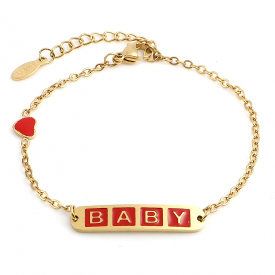 Picture of 304 Stainless Steel Stylish Link Cable Chain Bracelets Gold Plated Red Oval Heart Word Message " baby " Enamel 17cm(6 6/8")-16.5cm(6 4/8") long, 1 Piece