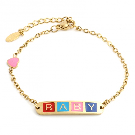 Picture of 304 Stainless Steel Stylish Link Cable Chain Bracelets Gold Plated Multicolor Oval Heart Word Message " baby " Enamel 17cm(6 6/8")-16.5cm(6 4/8") long, 1 Piece