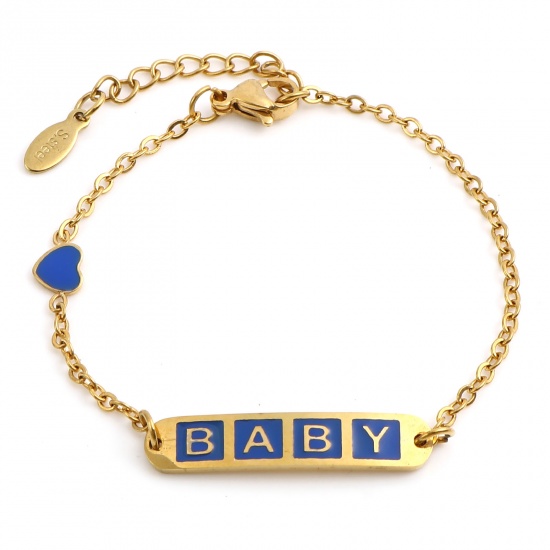 Picture of 304 Stainless Steel Stylish Link Cable Chain Bracelets Gold Plated Dark Blue Oval Heart Word Message " baby " Enamel 17cm(6 6/8")-16.5cm(6 4/8") long, 1 Piece