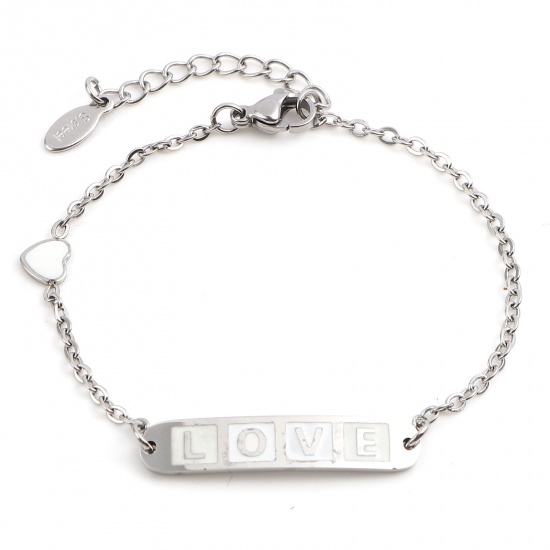 Picture of 304 Stainless Steel Valentine's Day Link Cable Chain Bracelets Silver Tone White Oval Heart Word Message " LOVE " Enamel 17cm(6 6/8")-16.5cm(6 4/8") long, 1 Piece