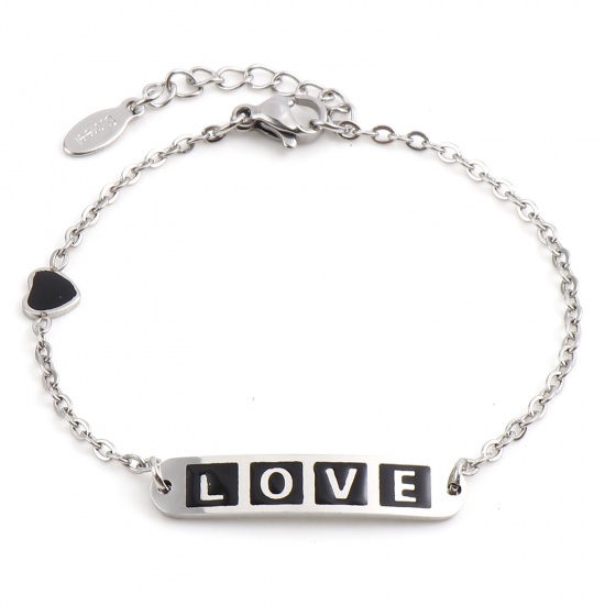 Picture of 304 Stainless Steel Valentine's Day Link Cable Chain Bracelets Silver Tone Black Oval Heart Word Message " LOVE " Enamel 17cm(6 6/8")-16.5cm(6 4/8") long, 1 Piece