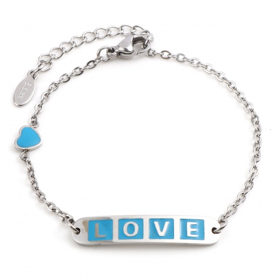 Picture of 304 Stainless Steel Valentine's Day Link Cable Chain Bracelets Silver Tone Blue Oval Heart Word Message " LOVE " Enamel 17cm(6 6/8")-16.5cm(6 4/8") long, 1 Piece