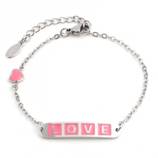 Picture of 304 Stainless Steel Valentine's Day Link Cable Chain Bracelets Silver Tone Pink Oval Heart Word Message " LOVE " Enamel 17cm(6 6/8")-16.5cm(6 4/8") long, 1 Piece