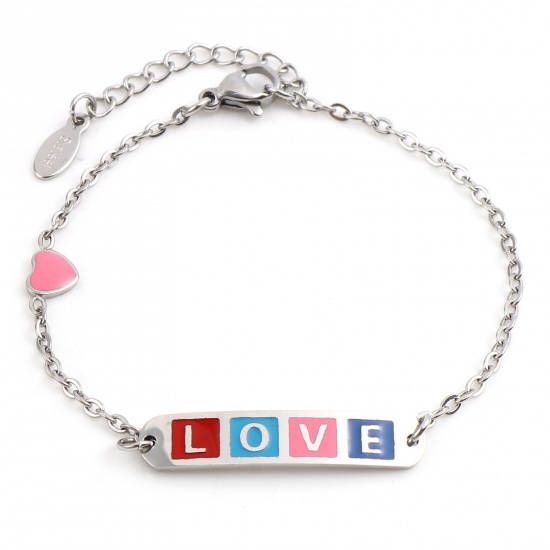 Picture of 304 Stainless Steel Valentine's Day Link Cable Chain Bracelets Silver Tone Multicolor Oval Heart Word Message " LOVE " Enamel 17cm(6 6/8")-16.5cm(6 4/8") long, 1 Piece