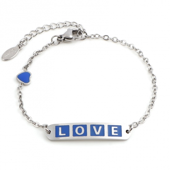 Picture of 304 Stainless Steel Valentine's Day Link Cable Chain Bracelets Silver Tone Dark Blue Oval Heart Word Message " LOVE " Enamel 17cm(6 6/8")-16.5cm(6 4/8") long, 1 Piece
