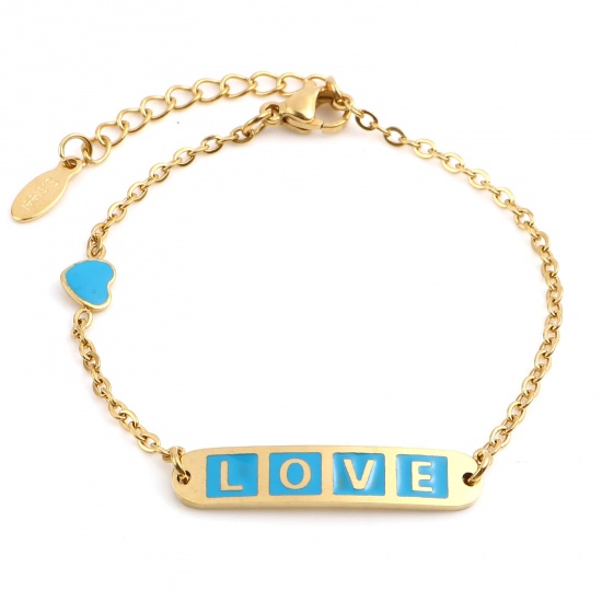 Bild von 1 Strang Vakuumbeschichtung 304 Edelstahl Valentinstag Gliederkette Kette Armband Vergoldet Blau Oval Herz Message " LOVE " Emaille 17cm-16.5cm lang