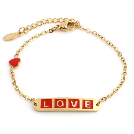 Bild von 1 Strang Vakuumbeschichtung 304 Edelstahl Valentinstag Gliederkette Kette Armband Vergoldet Rot Oval Herz Message " LOVE " Emaille 17cm-16.5cm lang