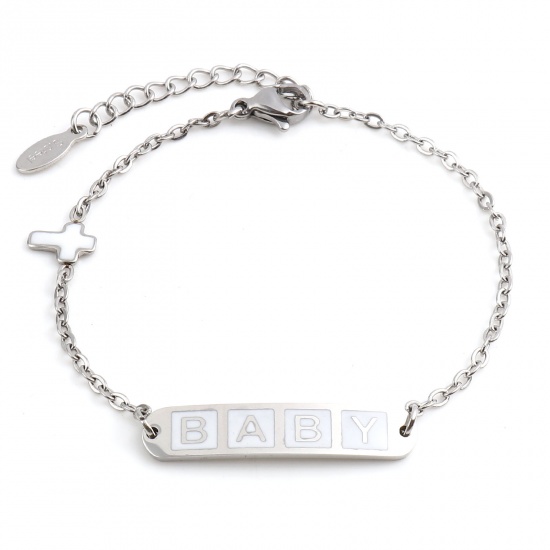 Picture of 304 Stainless Steel Stylish Link Cable Chain Bracelets Silver Tone White Oval Cross Word Message " baby " Enamel 17cm(6 6/8")-16.5cm(6 4/8") long, 1 Piece