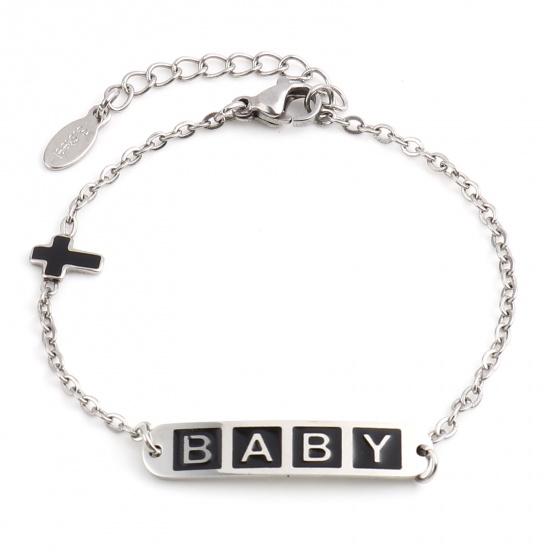 Picture of 304 Stainless Steel Stylish Link Cable Chain Bracelets Silver Tone Black Oval Cross Word Message " baby " Enamel 17cm(6 6/8")-16.5cm(6 4/8") long, 1 Piece