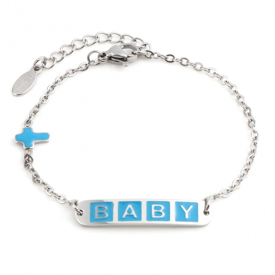 Picture of 304 Stainless Steel Stylish Link Cable Chain Bracelets Silver Tone Blue Oval Cross Word Message " baby " Enamel 17cm(6 6/8")-16.5cm(6 4/8") long, 1 Piece