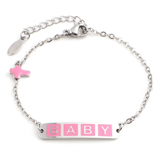 Picture of 304 Stainless Steel Stylish Link Cable Chain Bracelets Silver Tone Pink Oval Cross Word Message " baby " Enamel 17cm(6 6/8")-16.5cm(6 4/8") long, 1 Piece