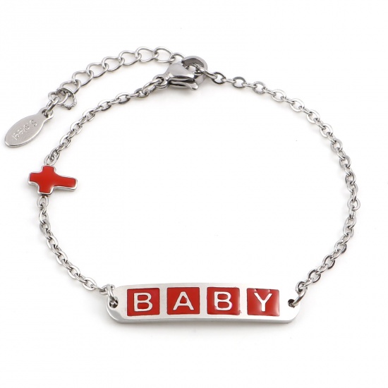 Picture of 304 Stainless Steel Stylish Link Cable Chain Bracelets Silver Tone Red Oval Cross Word Message " baby " Enamel 17cm(6 6/8")-16.5cm(6 4/8") long, 1 Piece