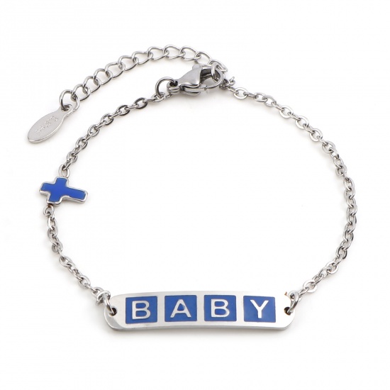 Picture of 304 Stainless Steel Stylish Link Cable Chain Bracelets Silver Tone Dark Blue Oval Cross Word Message " baby " Enamel 17cm(6 6/8")-16.5cm(6 4/8") long, 1 Piece