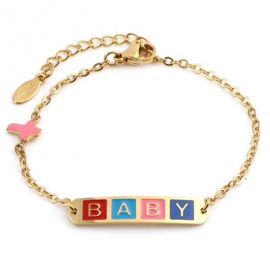 Image de 1 Pièce Bracelets Chaîne Maille Forçat Élégant en 304 Acier Inoxydable Placage sous Vide Doré Multicolore Ovale Croix Gravé Mot " baby " Émail 17cm-16.5cm long