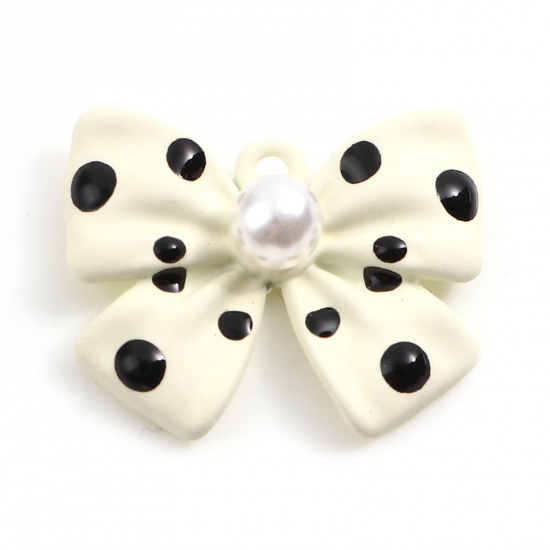 Picture of Zinc Based Alloy & Acrylic Painted Charms Bowknot Beige & Black Imitation Pearl 22mm x 18mm, 5 PCs