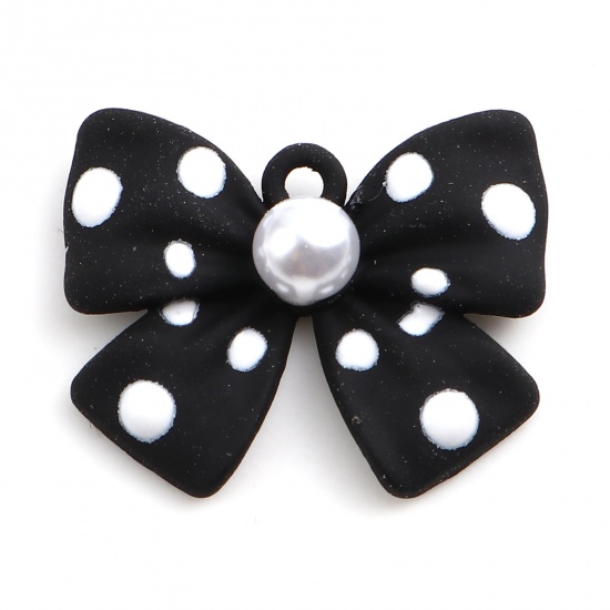 Picture of Zinc Based Alloy & Acrylic Painted Charms Bowknot Black & White Imitation Pearl 22mm x 18mm, 5 PCs