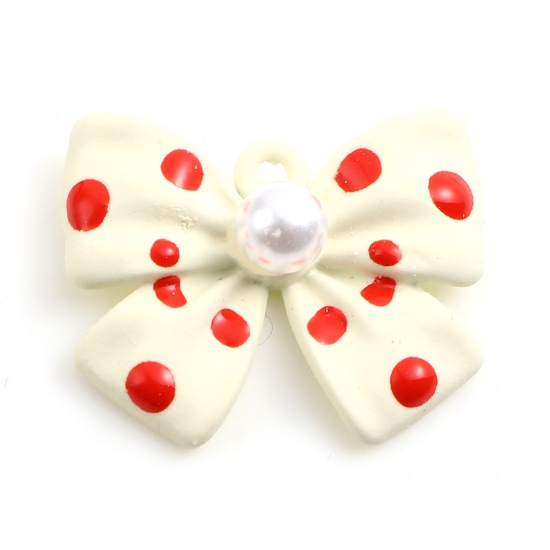 Picture of Zinc Based Alloy & Acrylic Painted Charms Bowknot Beige & Red Imitation Pearl 22mm x 18mm, 5 PCs