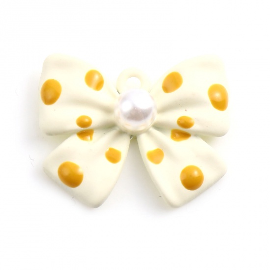 Picture of Zinc Based Alloy & Acrylic Painted Charms Bowknot Ginger & Beige Imitation Pearl 22mm x 18mm, 5 PCs