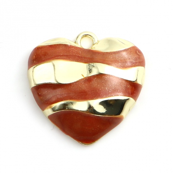Picture of Zinc Based Alloy Valentine's Day Charms Heart Gold Plated Dark Orange-red Enamel 20mm x 20mm, 5 PCs