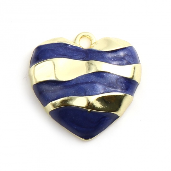 Picture of Zinc Based Alloy Valentine's Day Charms Heart Gold Plated Dark Blue Enamel 20mm x 20mm, 5 PCs