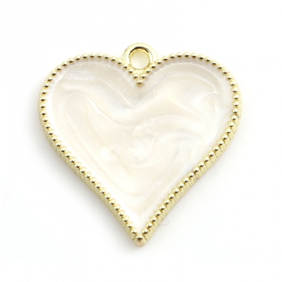 Picture of Zinc Based Alloy Valentine's Day Charms Heart Gold Plated Creamy-White Enamel 22mm x 22mm, 10 PCs