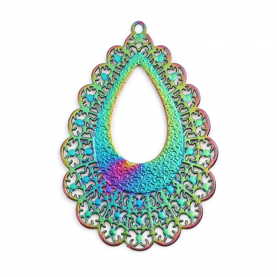Picture of Iron Based Alloy Filigree Stamping Pendants Drop Multicolor Color Plated 4.2cm x 2.8cm, 5 PCs