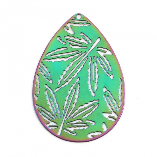 Picture of Iron Based Alloy Filigree Stamping Pendants Drop Multicolor Maple Leaf Color Plated 4.5cm x 3.1cm, 5 PCs