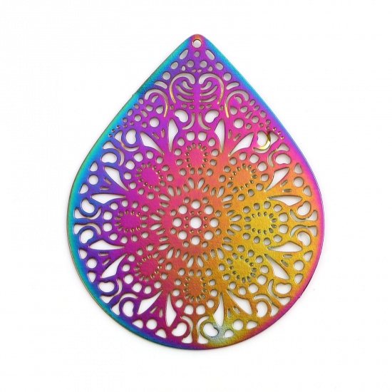 Picture of Iron Based Alloy Filigree Stamping Pendants Drop Multicolor Flower Color Plated 4.9cm x 3.9cm, 5 PCs