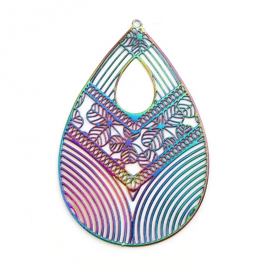 Picture of Iron Based Alloy Filigree Stamping Pendants Drop Multicolor Leaf Color Plated 5.4cm x 3.5cm, 5 PCs