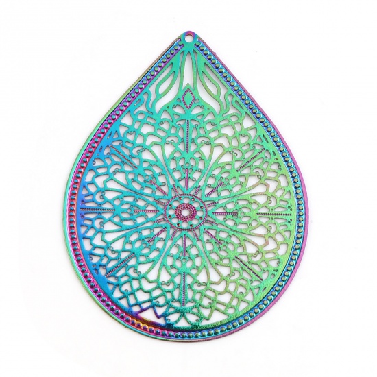 Picture of Iron Based Alloy Filigree Stamping Pendants Drop Multicolor Filigree Color Plated 5.2cm x 4cm, 5 PCs