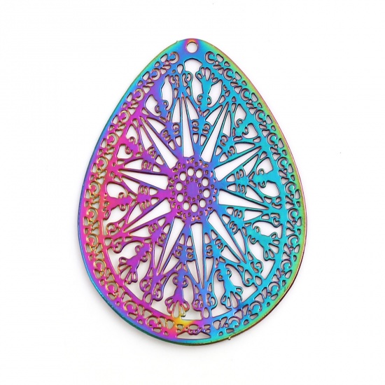 Picture of Iron Based Alloy Filigree Stamping Pendants Drop Multicolor Filigree Color Plated 4.8cm x 3.5cm, 5 PCs