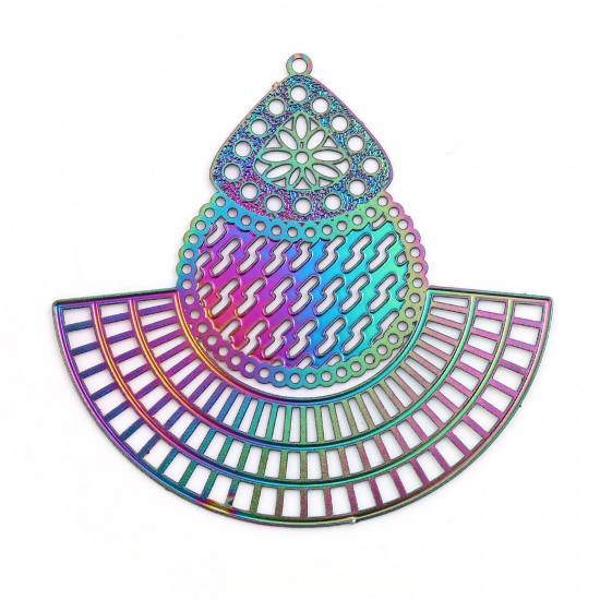 Picture of Iron Based Alloy Filigree Stamping Pendants Fan-shaped Multicolor Filigree Color Plated 5.9cm x 5.7cm, 5 PCs