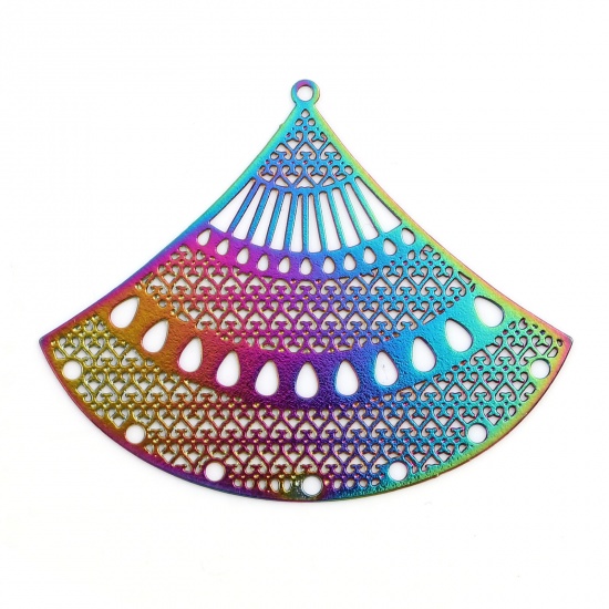 Picture of Iron Based Alloy Filigree Stamping Pendants Fan-shaped Multicolor Filigree Color Plated 5cm x 4cm, 5 PCs
