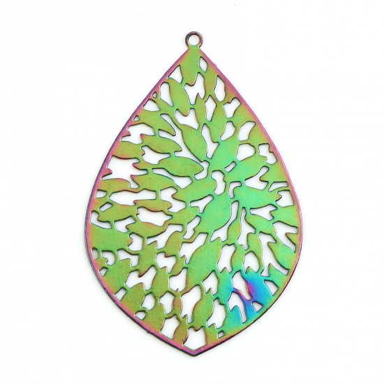 Picture of Iron Based Alloy Filigree Stamping Pendants Marquise Multicolor Leaf Color Plated 5cm x 3.3cm, 5 PCs