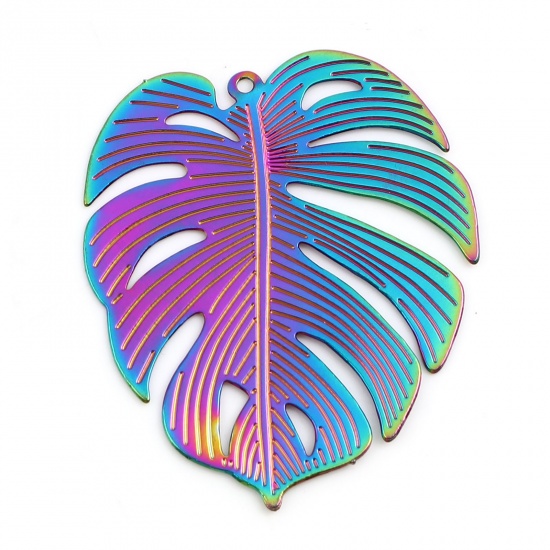 Picture of Iron Based Alloy Filigree Stamping Pendants Monstera Multicolor Color Plated 4cm x 3.4cm, 5 PCs