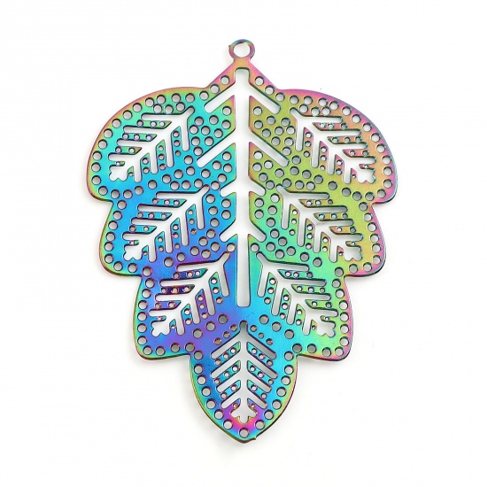 Picture of Iron Based Alloy Filigree Stamping Pendants Leaf Multicolor Color Plated 4.6cm x 3.4cm, 5 PCs