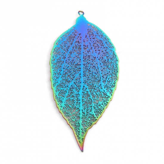 Picture of Iron Based Alloy Filigree Stamping Pendants Leaf Multicolor Color Plated 5.2cm x 2.5cm, 5 PCs